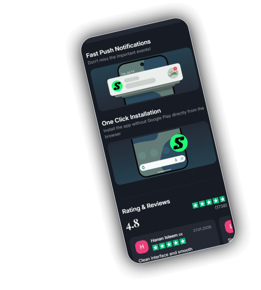 Installatiepagina van de SherLuck app met de blokken Fast Push Notifications en One Click Installation en een beoordeling van 4.8