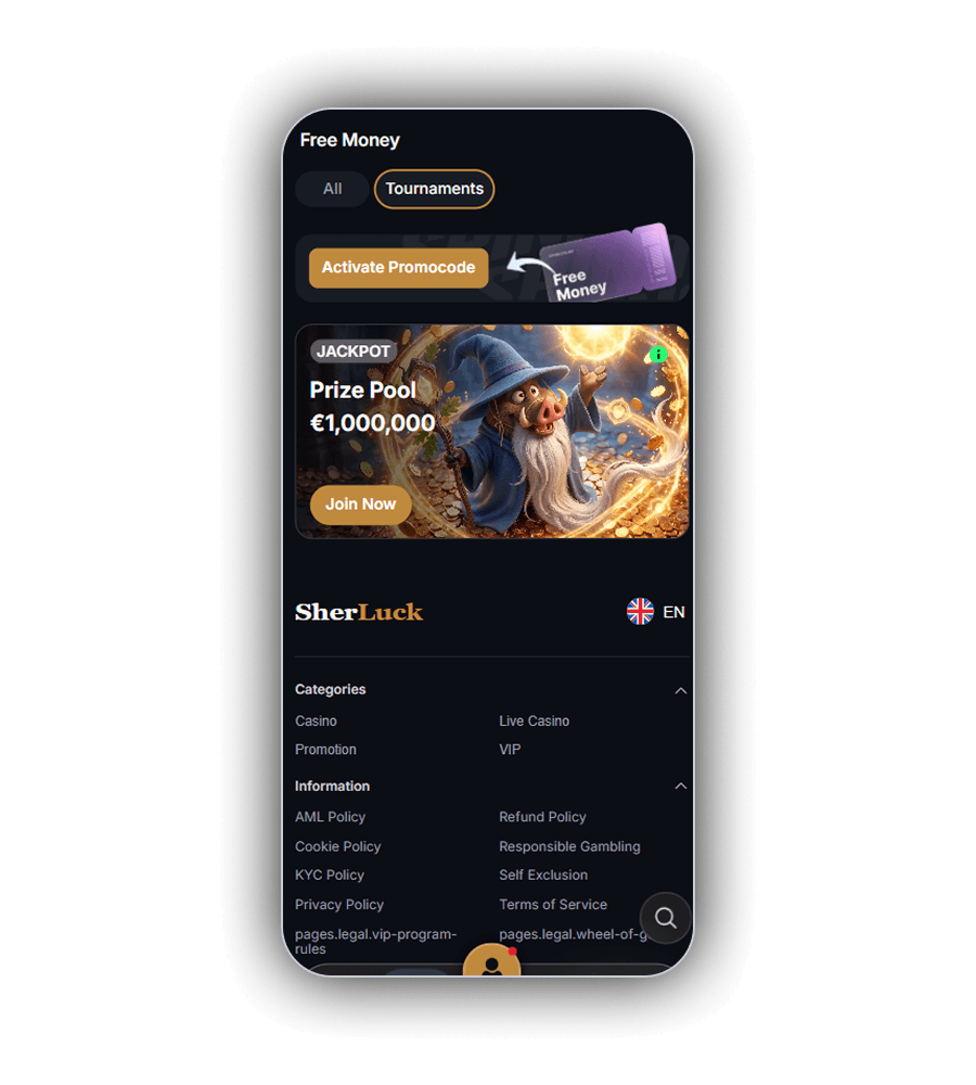 Pagina Free Money van SherLuck Casino met de tabbladen All en Tournaments, de knop Activate Promocode en de jackpotbanner met een everzwijn als tovenaar