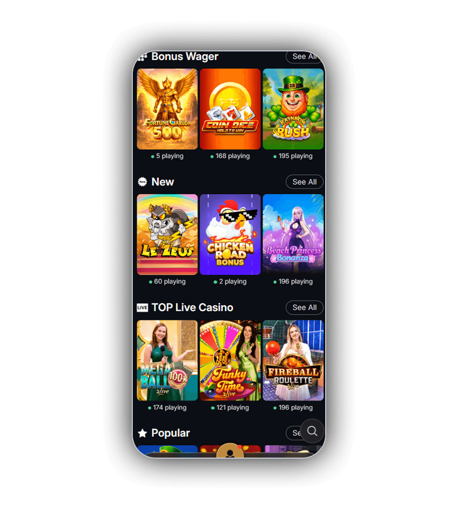 Lobby van SherLuck Casino op een telefoon met de rijen Bonus Wager, New en TOP Live Casino en het aantal spelers onder elke tegel