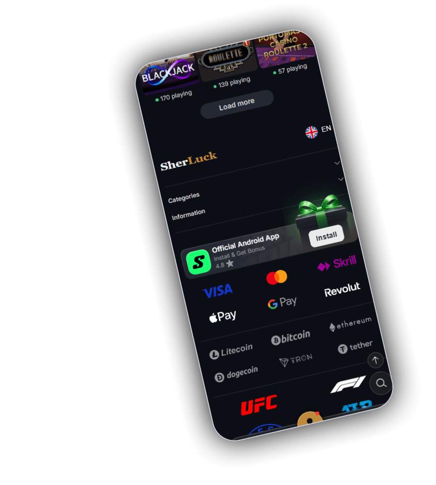 Voettekst van SherLuck Casino met de Official Android App en logo's van Visa, Mastercard, Skrill, Google Pay, Revolut, Apple Pay, Litecoin, Bitcoin, Ethereum, Tether, Dogecoin en TRON