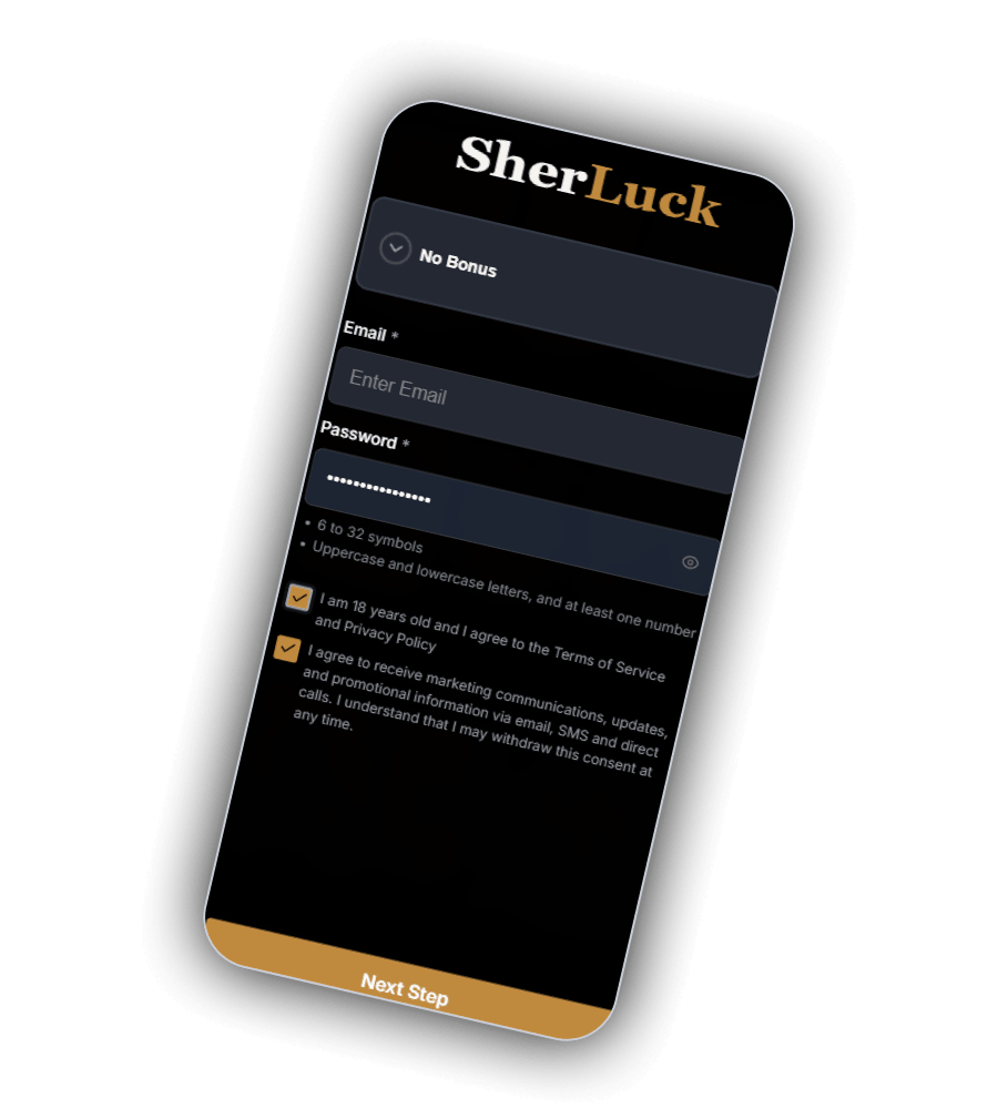 Registratievenster van SherLuck Casino met de keuze No Bonus, velden voor e-mail en wachtwoord, twee vinkjes en de knop Next Step